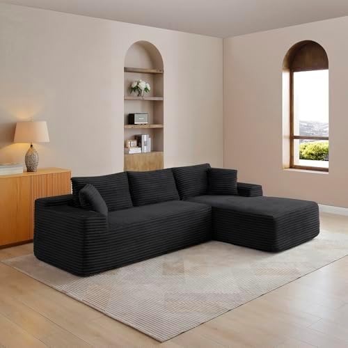 105-Inch L-Shaped Right Facing Corner Compressed Sofa Modular Sectional Boneless Cloud Sofa Floor Foam Couch with Chaise Lounge, Corduroy Corner Boneless Cloud Couch
