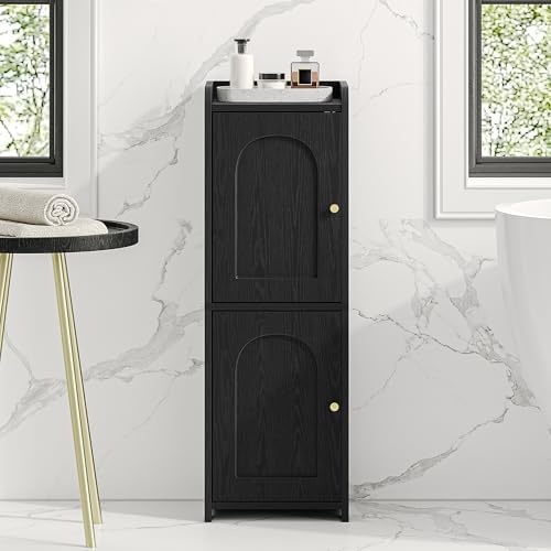 Hzuaneri Bathroom Storage Cabinet, Small Corner Floor Cabinet with 2 Doors | Narrow Toilet Paper Cabinets with Adjustable Shelf, Bathroom Organizer for Small Spaces, 7.9" D x 9.8" W x 29.5" H Black