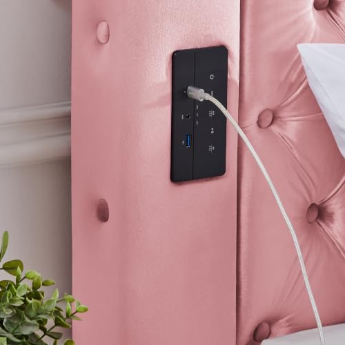 LUMISOL Canopy Bed Frame Queen Size, Velvet Upholstered Platform Bed with Button Tufted Headboard, Four Posters, Built-in Speaker and Charging Station, Heavy Duty Mattress Foundation, Pink