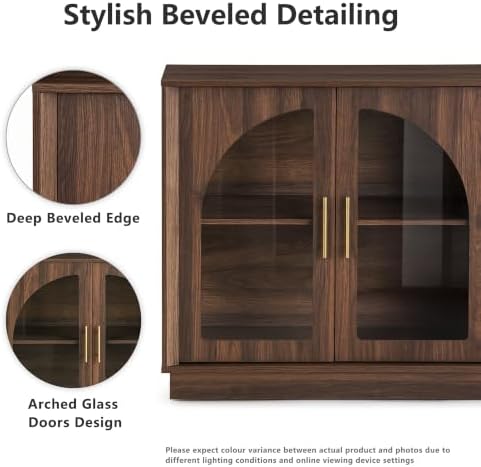 FORTUNETEC 64" Sideboard Buffet Cabinet with Arched Glass Doors,Dark Walnut