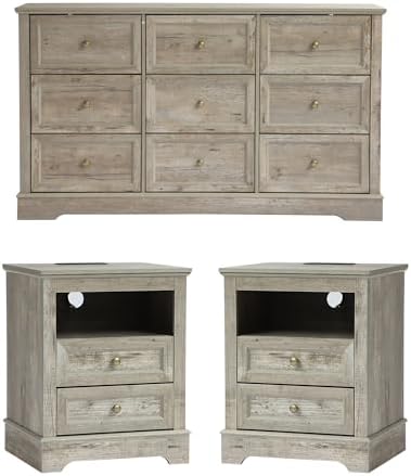 KIGOTY Farmhouse Bedroom Set, 3 Pcs Dresser and Nightstand Sets, 9 Drawer Dresser & 2 Drawer Nightstand Set with Charging Station,Rustic Wood Bedroom Furniture Set for Home