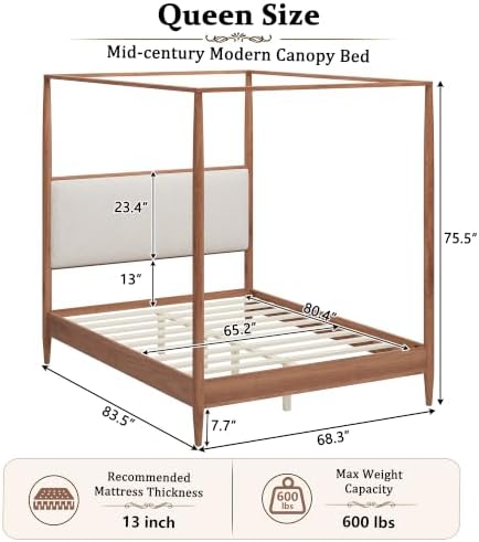 Merax Queen 4-Poster Wood Canopy Bed with Boucle Headboard, Walnut