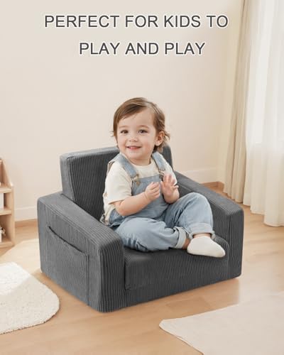 2-in-1 Kids Chair and Couch, Cozy Corduroy Kids Sofa, Grey