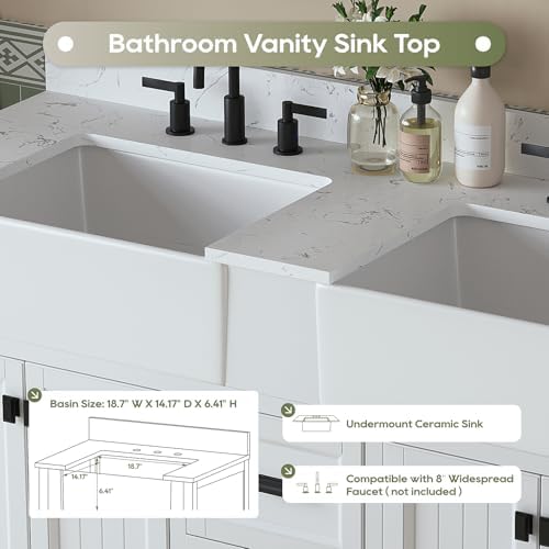 60 Inch Bathroom Vanity with Double Sink, White | Farmhouse Solid Wood Double Sink Bathroom Vanity with Soft Close Doors & Drawers, Apron Farm Sink, 0.78" Stone Top