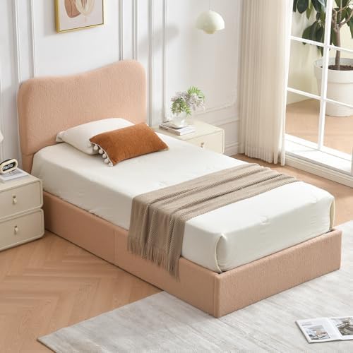 VELOCAVA Twin Size Lift-Up Storage Bed, Modern Upholstered Boucle Bed with Curved Headboard, Gas Lift Platform, Sturdy Wooden Slat Support, No Box Spring Needed, Easy Assembly, Blush Pink-Beige