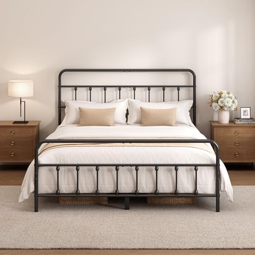 Queen Size Metal Bed Frame with Headboard and Footboard,Black