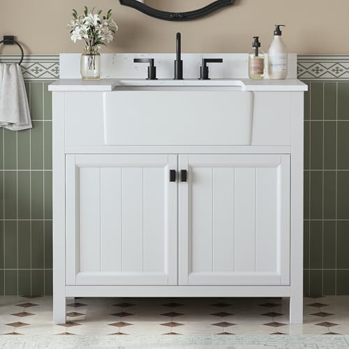 36 Inch Bathroom Vanity with Apron Farm Sink, White | Solid Wood Fully Assembled Bathroom Sink Cabinet, Farmhouse Single Sink Bathroom Vanity with Soft Close Doors, Stone Top