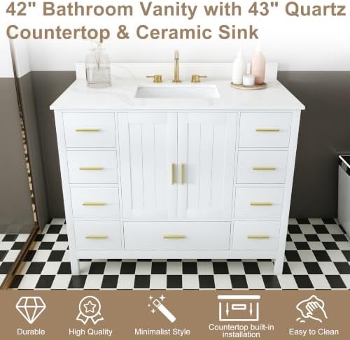 Montary 42" Bathroom Vanity with Sink & 43" Carrara White Quartz Top with 3 Pre-Drilled Faucet Holes, Solid Wood Cabinet, Soft-Close Double Doors & 9 Smooth-Glide Drawers,White