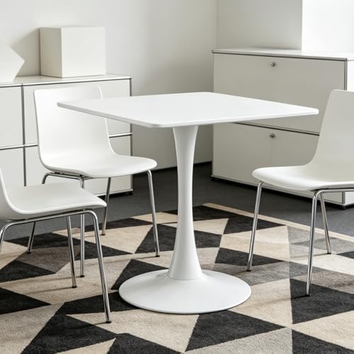 Square Dining Table, 27.6" Tulip Table with Thickened Tabletop & Metal Pedestal, Mid Century Modern Bistro Table for Kitchen, Small Places, Living Room, Cafe (White)