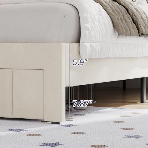 VECELO Twin Bed Frame with Storage Drawer, Heavy-Duty Platform Bedframe with Headboard & Strong Wooden Slats Support, No Boxing Spring Needed, Pala Beige