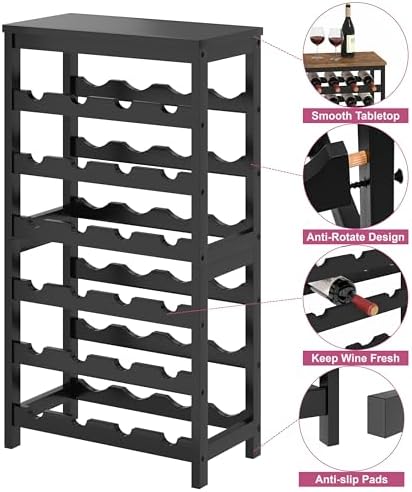 MOGELAFOO 6 Tier Bamboo Wine Rack Freestanding Floor, 24 Bottles Wine Storage Shelves with Table Top, Stackable Wine Display Rack for Kitchen, Bar, Dining Room, Black
