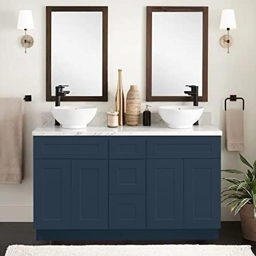 Riley & Higgs Navy Blue Shaker Double Sink Vanity, 60"Wx34.5"Hx21"D | Shaker-style double door base cabinet built for a 60-inch double-sink vanity setup