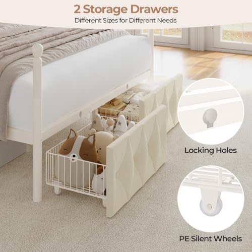 Queen Size Upholstered LED Canopy Bed Frame with 2 Drawers and & Charging Station, Button Tufted Storage Headboard, Metal Platform Bed with 4 Removable Posts, No Box Spring Needed, White