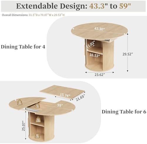 weselon 43"-59" Extendable Round to Oval Dining Table with Hidden Storage, Modern Wooden Kitchen Table with Fluted Sliding Door Cabinet, Expandable Dinner Table for Dining Room Living Room (Natural)