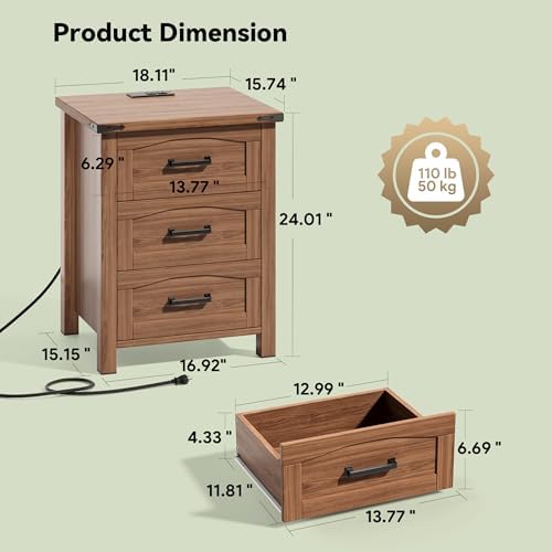 Decofy Farmhouse Nightstand Set of 2 with Charging Station, 3 Drawers