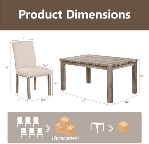 Modern Fort 7-Piece Farmhouse Dining Table Set for 6, 60" Rectangular Wood Dining Table with 6 Upholstered Chairs, Nailhead Trim, Kitchen Table with Chairs Set for Dining Room & Breakfast Nook