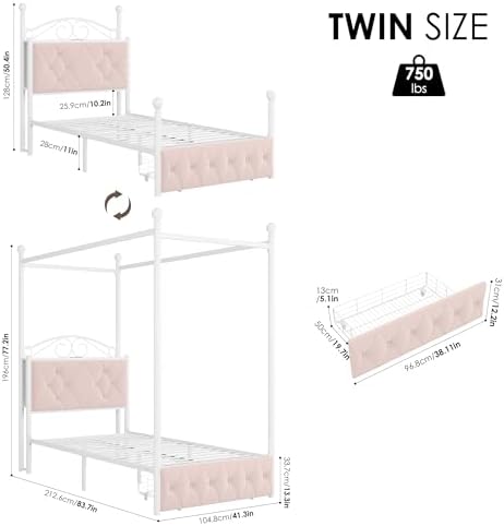 Twin Upholstered Canopy Bed Frame with Drawer & Crystal Tufted Storage Headboard Two-Purpose Metal Platform Bed with 4 Removable Posts & Charging Station Pink Princess Bed, Curtain Not Included
