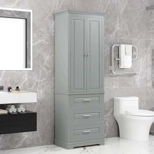 Polibi Tall Storage Cabinet with 3 Drawers, 3-Tier Adjustable Shelves & 2 Doors, Floor Freestanding Linen Cabinet for Bathroom, Living Room, Grey