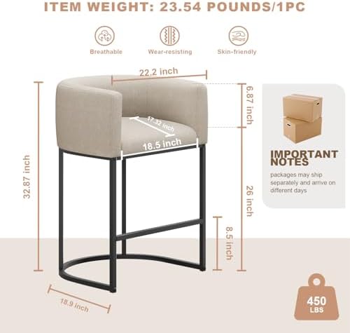 26" H Counter Height Bar Stools Set of 3, Modern Barrel Counter Stools with Backrest and Arms, Linen Fabric Upholstered Accent Barstools for Kitchen Island, Support 450 LBS, Beige