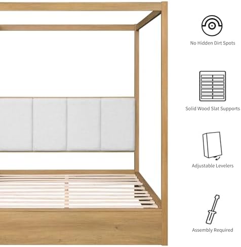 WAMPAT Wood Canopy Bed Frame Queen Size, Oak Bed w/Solid Wood Posters