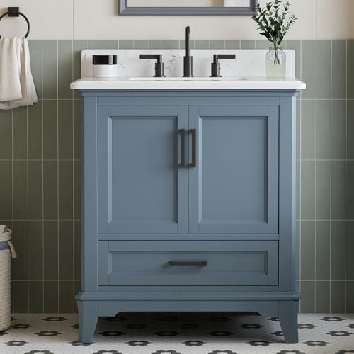 30" Bathroom Vanity with Sink, Fully Assembled, Steel Blue | Freestanding Solid Wood Bathroom Vanities with Quartz Countertop & Backsplash, Soft Close Doors & Dovetail Drawer