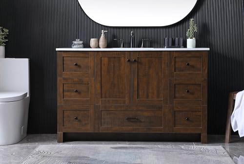 54" Pre-Assembled Bathroom Vanity with Sink, Engineered Wood, Ivory White Engineered Marble Countertop Attached, Single Rectangle Porcelain Sink, 7 Soft-Close Drawers, Expresso