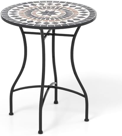GIANTEX 24 Inch Patio Bistro Table, Mosaic Round Table w/Ceramic Tile Tabletop, Heavy-Duty Metal Structure, Outdoor Dining Table for Backyard, Garden, Porch (Black (Star Pattern))