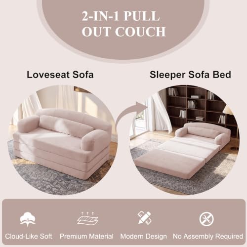 57” Convertible Sleeper Sofa Bed, Boneless Couch, Pink