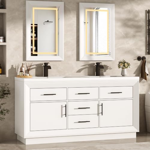 St.Mandyu 60" Bathroom Vanity w/Sink & LED Mirror & Faucet,Modern Bathroom Vanities Set w/ 3-Color Lighting, Curved Splash-Reducing Basin, Bath Vanity w/Large Storage Cabinet&Drawers,White