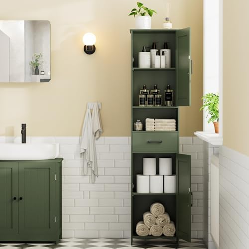 Homhedy 67" H Tall Bathroom Storage Cabinet with Barn Doors and Drawer | Narrow Storage Unit with Adjustable Shelves, Floor Cabinet for Bathroom, Living Room, Entryway or Kitchen, Green, 15.7" W
