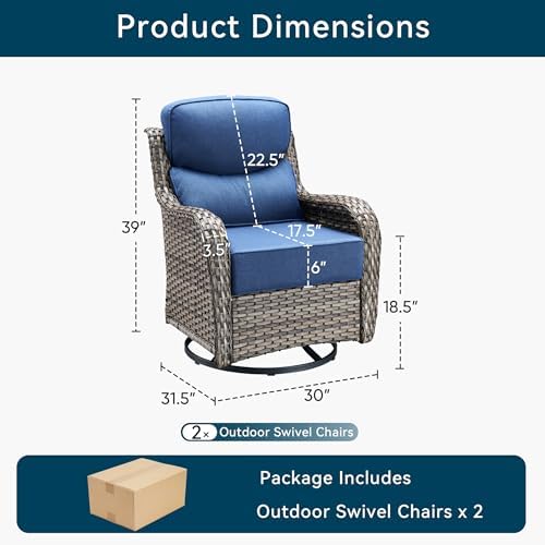Luxury Outdoor Swivel Rocker Patio Chairs-3 Piece Wicker Patio Rocking Chairs Set of 2 with Glass Side Table 6" Thick Cushions High Back Outdoor Furniture Sets for Deck Porch Balcony(Grey/Blue)