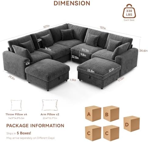 Ihanherry Oversized Cloud Sectional Couches for Living Room, Modular Sectional Sofa with Wide Deep Seat, Coner Couch with Throw Pillow and Storage Ottoman, Dark Grey