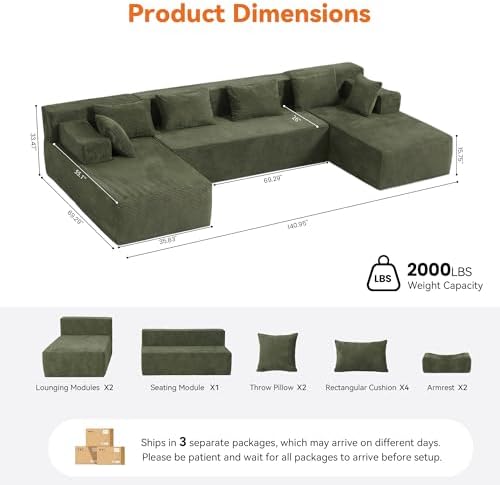 MONVANE 141" U-Shaped Modular Sectional Sofa, Green