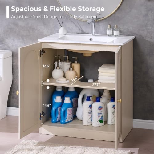 IFBUY 30 Inch Arched Bathroom Vanity with Sink, Modern Fluted Design, Cream | Bathroom Vanity Cabinet w/Adjustable Storage Shelf, Freestanding Single Bathroom Vanity w/Ceramic Basin, Space-Saving