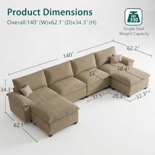 140" Modular Sectional Couch, U Shaped Cloud Sofa for Living Room