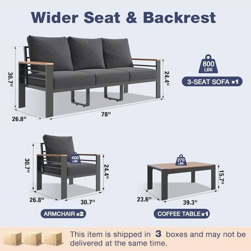 Aoxun Aluminum Patio Furniture Set 5 Seats, Oversized Outdoor Sectional with Washable Thick Cushions, Coffee Table, Patio Conversation Sets for Porch, Balcony, Deck