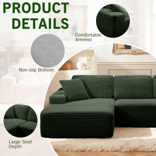 Modular Sectional Sofa, Convertible Sofa Bed, No Assembly Required Cloud Couch with Deep Seat, Modern L-Shaped Boneless Sofa for Living Room (Green)
