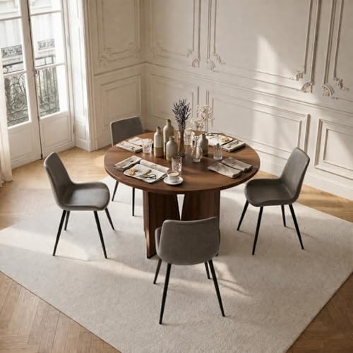 HIPIHOM Modern Round Dining Table Set for 4, 39.4" Walnut Kitchen Table with 4 PU Leather Chairs, 5-Piece Mid-Century Dining Room Set for Small Spaces, Pedestal Base