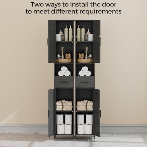 Homhedy 67" H Tall Bathroom Storage Cabinet with Barn Doors and Drawer | Narrow Storage Unit with Adjustable Shelves, Floor Cabinet for Bathroom, Living Room, Entryway or Kitchen, Black, 11.8" W