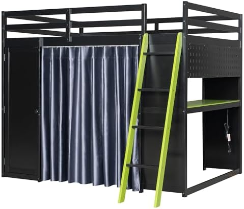 Merax Full Size Loft Bed with Desk and 6 Storage Shelves, Wardrobe, Blackout Curtain, Sturdy Wood Gaming Loft Bunk Bed Frame with USB Port & RGB Lights, No Box Spring Need, Space-Saving, Black+Green