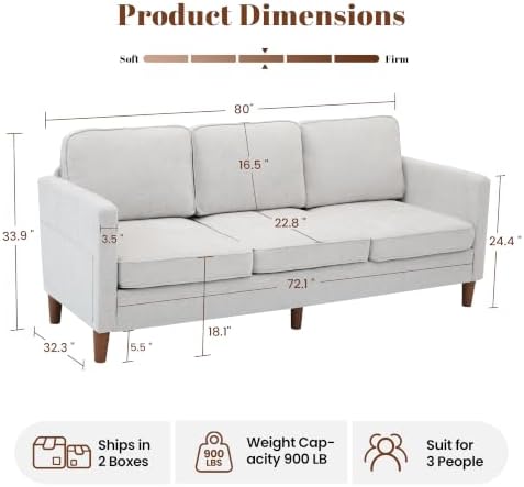 80" Chenille Sofa Mid Century Modern 3 Seater Couch for Living Room Office
