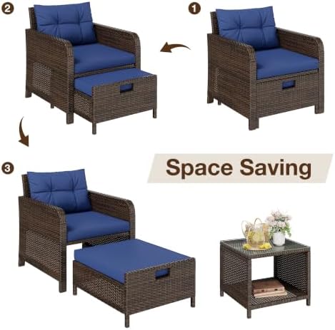 LHBcraft 5 Piece Patio Furniture Set, PE Wicker Outdoor Furniture Set with Soft Cushions & Coffee Table, Outdoor Lounge Chairs with Ottoman for Porch, Lawn, Balcony, Blue-Brown