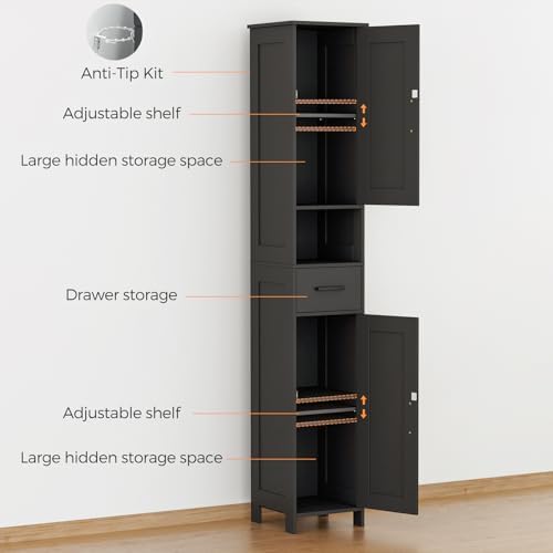 Homhedy 67" H Tall Bathroom Storage Cabinet with Barn Doors and Drawer | Narrow Storage Unit with Adjustable Shelves, Floor Cabinet for Bathroom, Living Room, Entryway or Kitchen, Black, 11.8" W