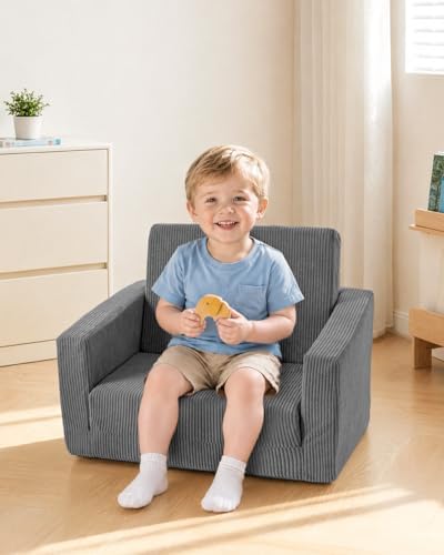 2-in-1 Kids Chair and Couch, Cozy Corduroy Kids Sofa, Grey