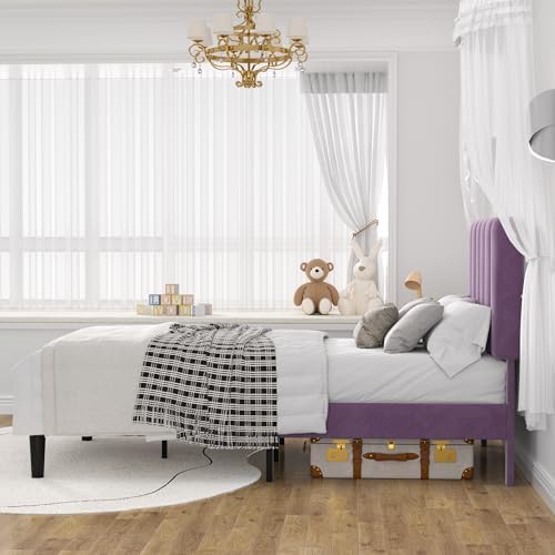 VECELO Twin Size Bed Frame with Upholstered Headboard, Velvet Platform Bedframe Mattress Foundation, Strong Wood Slat Support, No Box Spring Needed,Purple