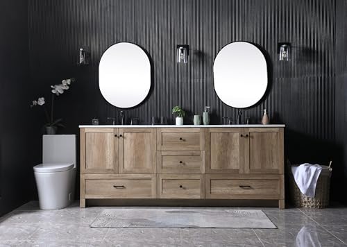 84" Pre-Assembled Bathroom Vanity with Sink, Engineered Wood, Ivory White Engineered Marble Countertop Attached, Double Rectangle Porcelain Sink, 5 Soft-Close Drawers, Natural Oak