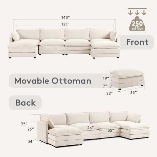 ROWHY 148'' Modular Sectional Cloud Couch with 2 Movable Ottomans, Oversized 6 Seat Modern Corduroy Sofas, Deep Seat U Shaped Couch for Living Room Bedroom Apartment, Beige