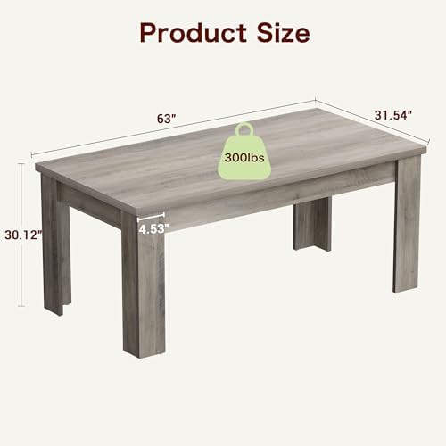 63" Farmhouse Dining Table with 1.18" Thickened Top, Rectangular Kitchen Table for 4-6 People, Heavy Duty Rustic Wood Dinner Table for Dining Room, Sturdy Wood Table, 300 lbs, Rustic Gray