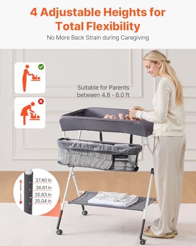 VEVOR Baby Changing Table, Foldable Diaper Change Station with Side Basket, Adjustable Height Changing Table with Lockable Wheels, Multi-Functional Nursery Storage Organizer, Dark Gray
