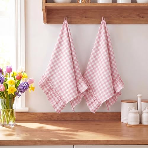 HunnmingRe 2 Pcs Light Pink Gingham Kitchen Towels Cotton Ruffled